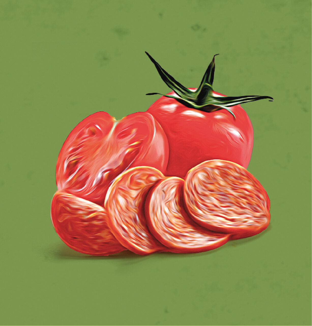 Pepperoni and tomatoes on green background